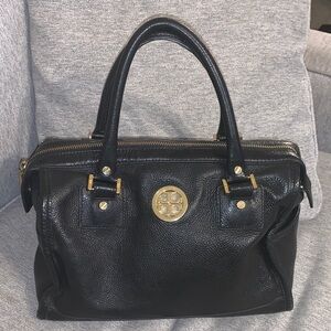 Tory Burch Black Pebbled Leather Satchel with Gold-Tone Logo Purse 👛